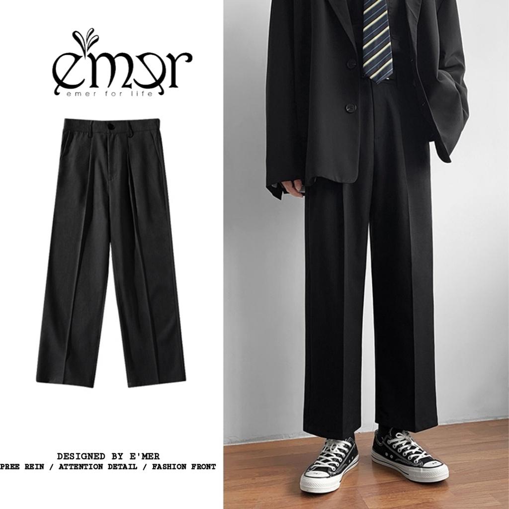 Quần Suông Nam Nữ Ống Rộng Vải Cao Cấp E'mer , Quần Đen Ống Suông Unisex Form Rộng Phong Cách Hàn Quốc - ĐEN