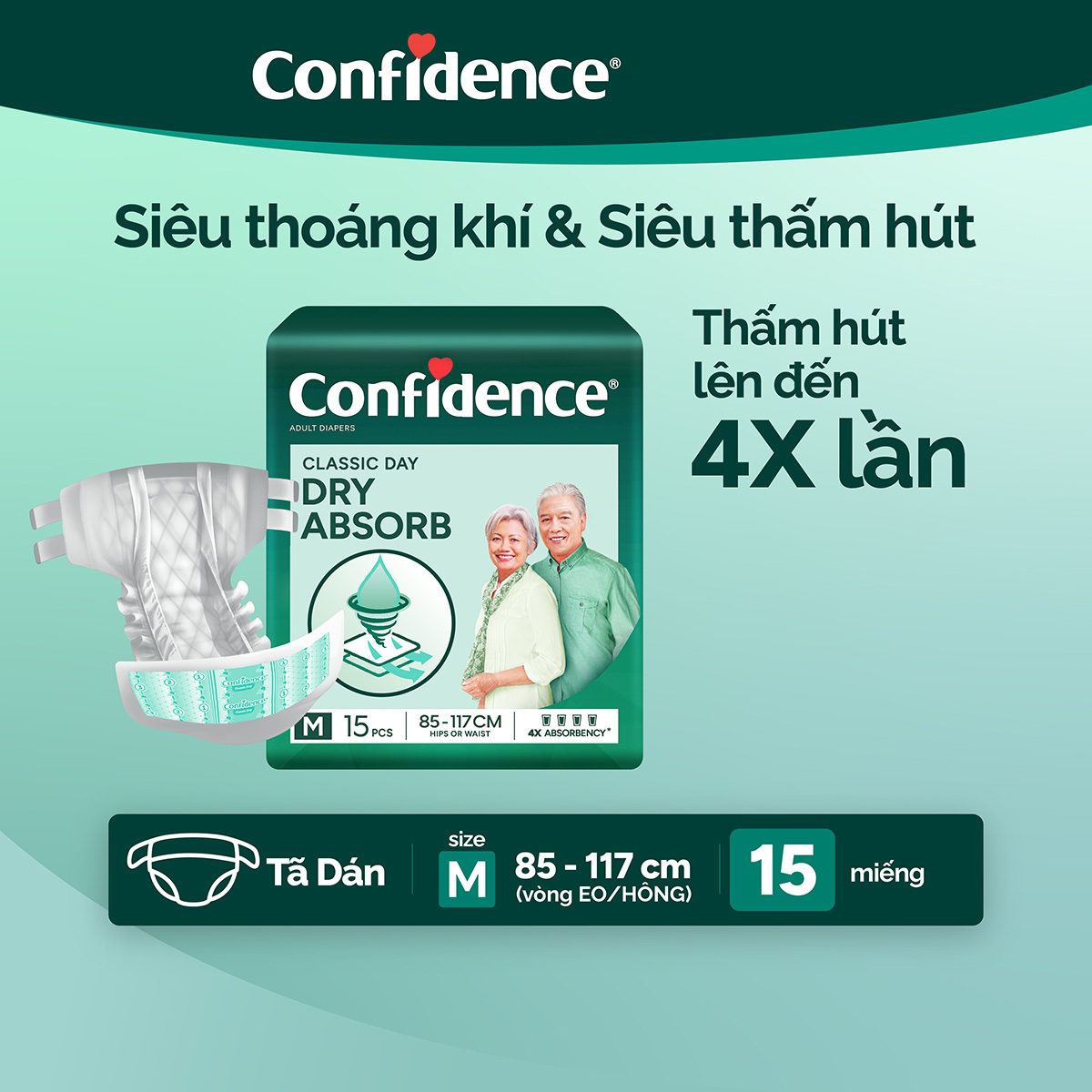 Tã dán Người lớn Confidence Classic Day size M15 (15 miếng)