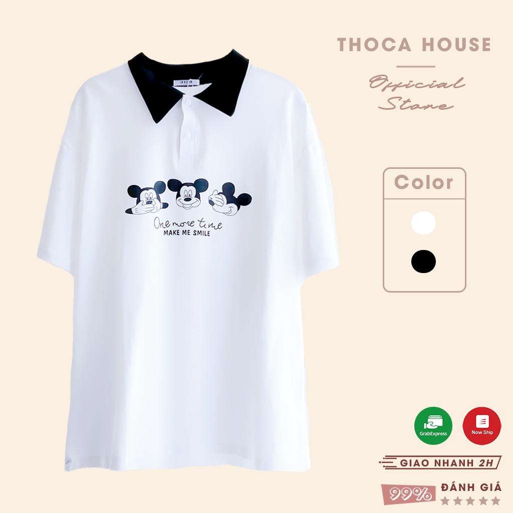Áo thun polo phông rộng unisex in hình mickey THOCA HOUSE trắng, đen mặc đi làm, đi học