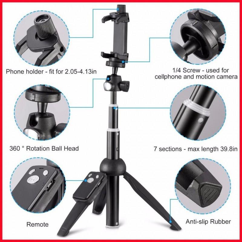 Gậy Chụp Hình, Tự Sướng Kiêm Chân Tripod Nhỏ Gọn Kèm Tay Remote Bluetooth