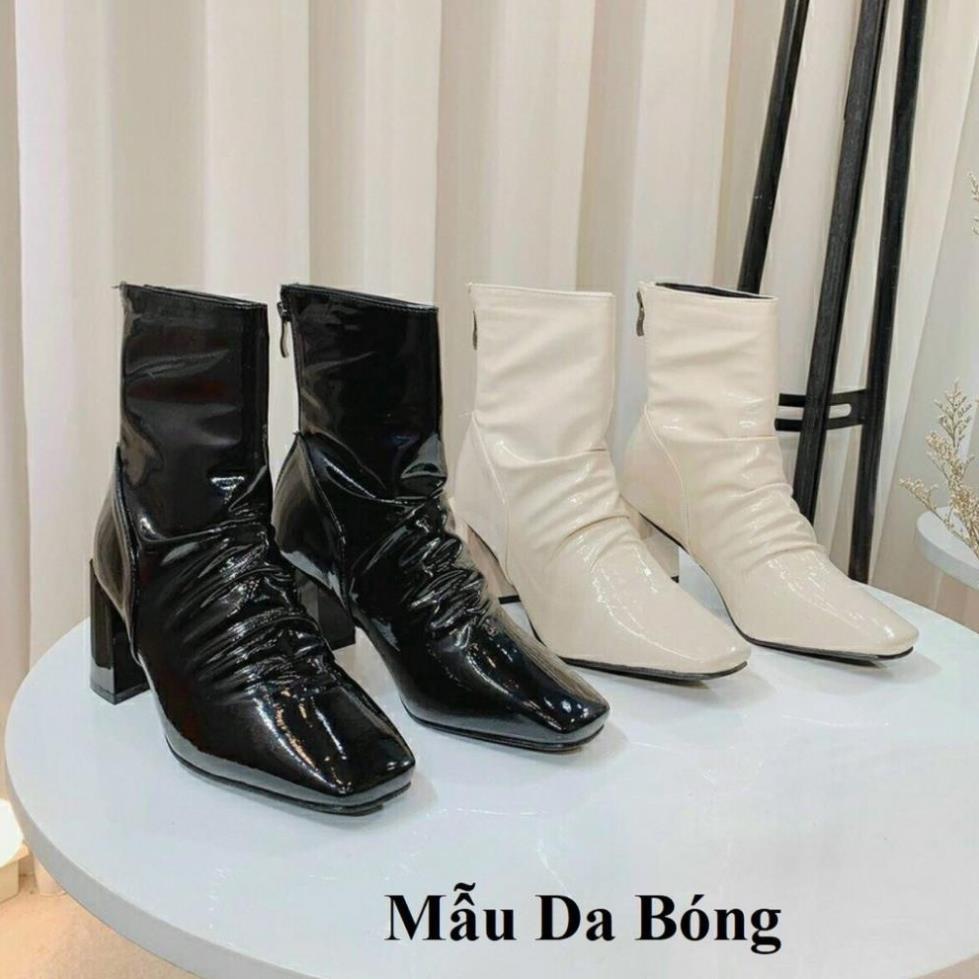 Boot Da Nhăn Cao Cổ Gót Vuông Cao Chất Da Siêu Mềm