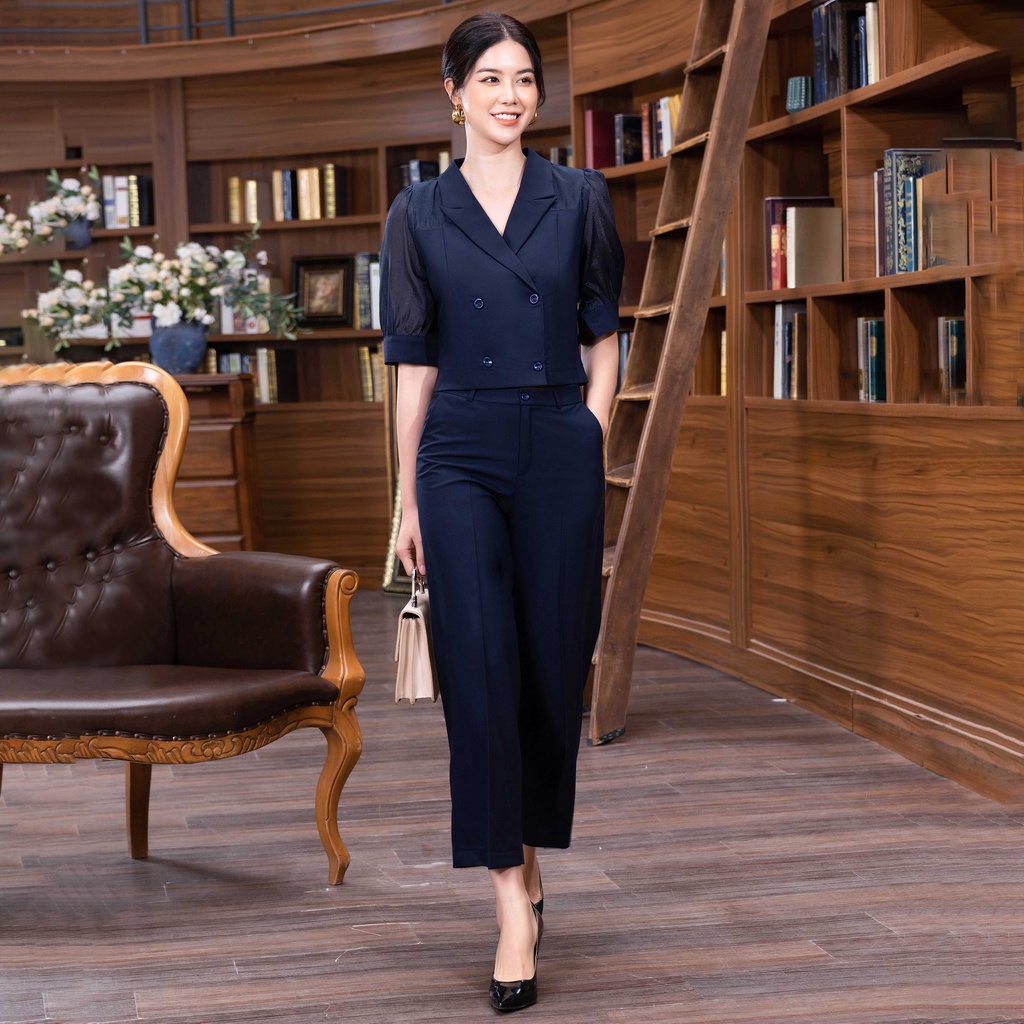 Bộ Vest Nữ Công Sở UK Fashion Áo Tay Lỡ Phối Quần Ống Rộng, Chất Liệu Vải Hàn Cao Cấp NKBD22040181
