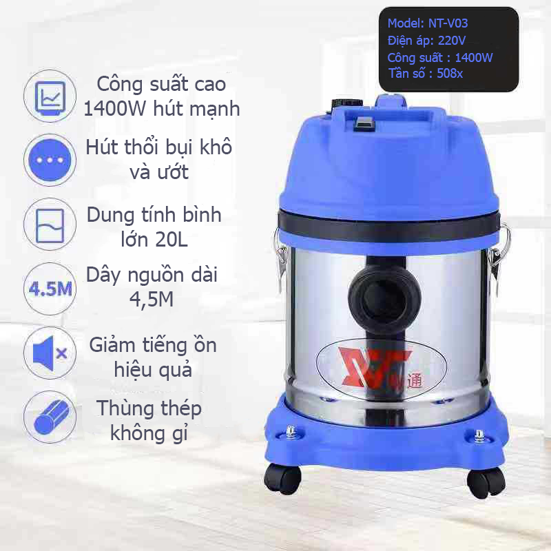 Máy hút bụi gia đình công suất cao 1400w dung tích 20L- hút khô hút ướt thùng inox cao cấp, tích hợp nhiều đầu hút