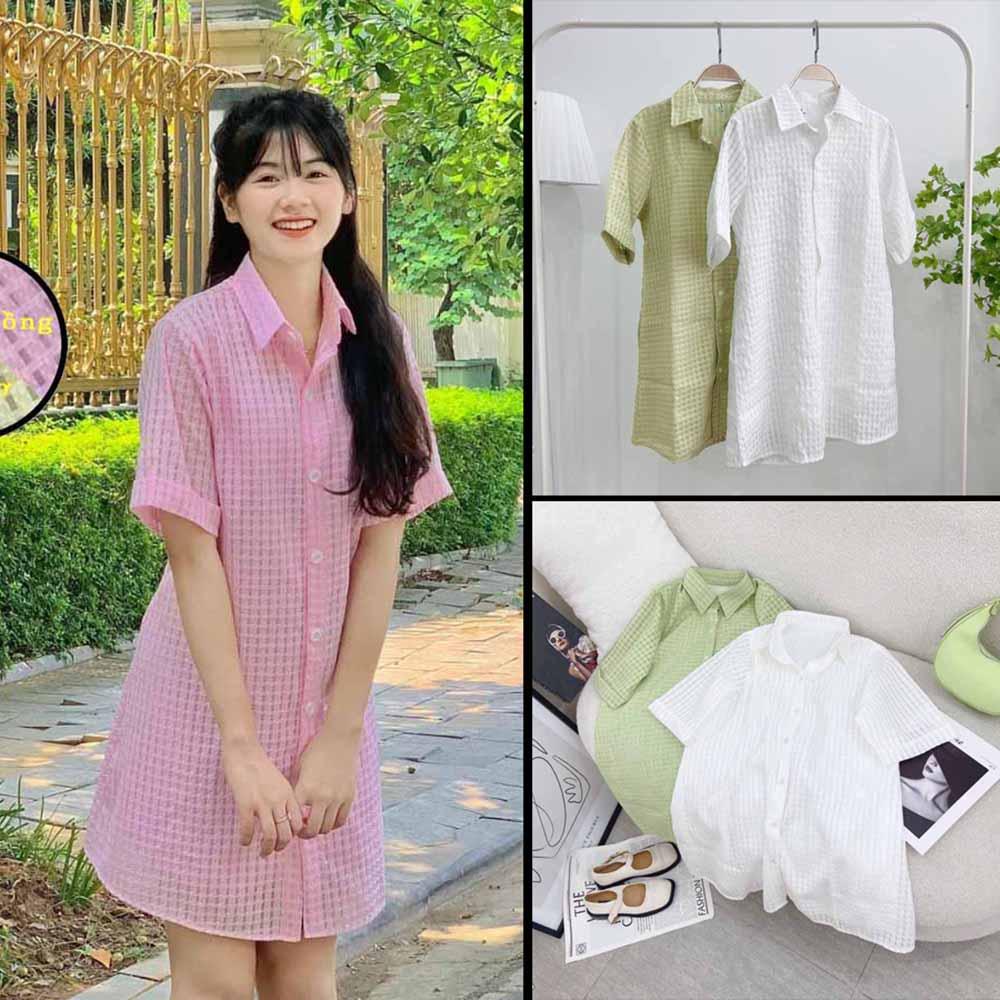 Váy sơ mi kẻ xốp dáng ngắn tay lỡ form rộng kèm lót váy 2 dây, Đầm sơmi dáng suông tay ngắn họa tiết đan thừng Ulzzang