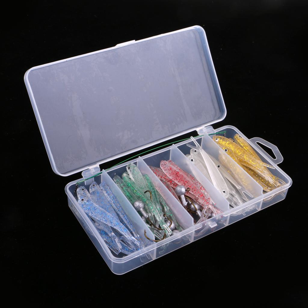 50pcs Soft Plastic Bass Fishing Lure Bait with Jig Head Worm Hooks Lure Box