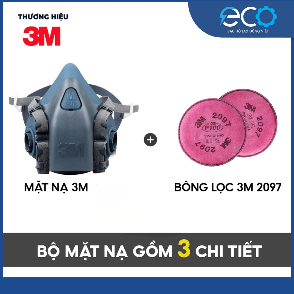 Bộ mặt nạ phòng độc 3M 7502 kèm phin 2097 lọc bụi mịn, chống hơi độc, khí hàn cắt đúc kim loại
