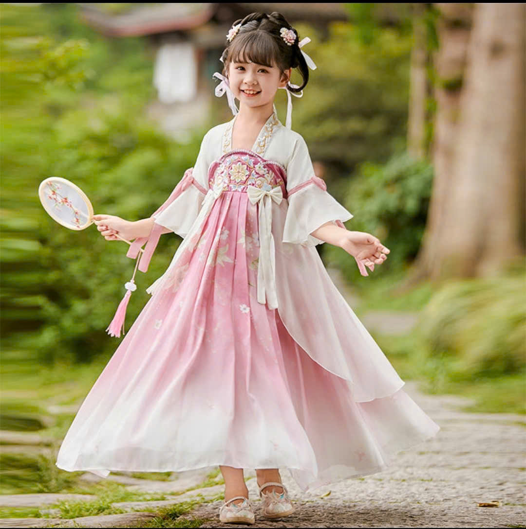 Đầm váy công chúa cổ trang hanfu thêu hoa cho bé gái diện lễ tết trung thu đẹp size 100-160 hàng Quảng Châu