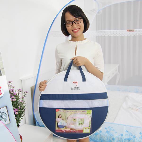 Màn Chụp , Mùng Chụp Cao Cấp Mộc Miên Đỉnh Vuông - Kích Thước 2,2mx2m ( Xanh Xám 3 Đường Kẻ )