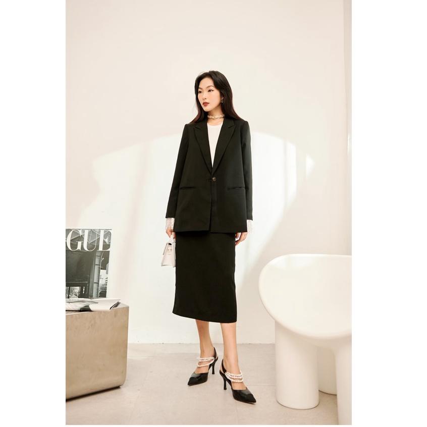 Set áo blazer phối chân váy dáng dài màu đen trang trọng
