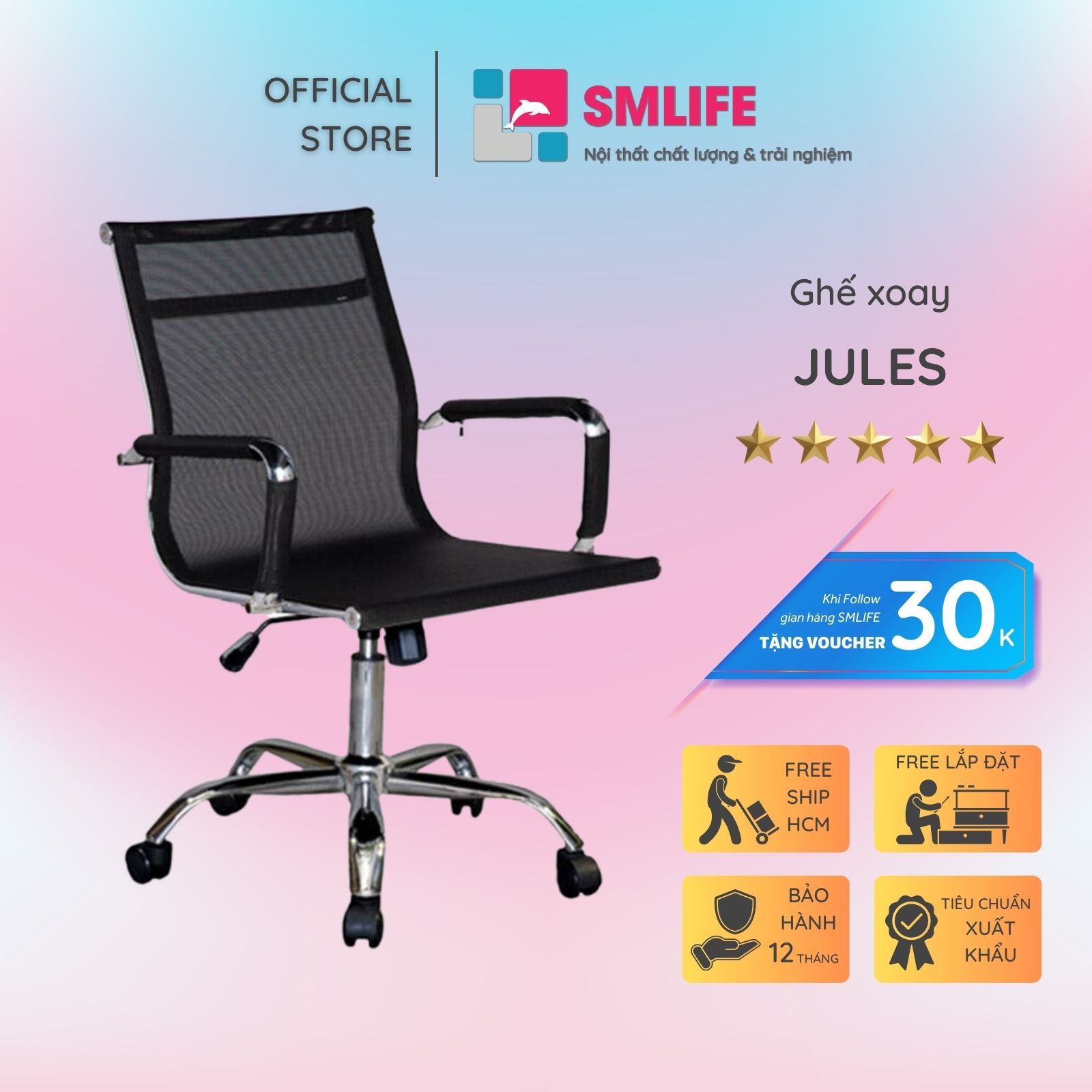 Ghế xoay văn phòng lưng trung bọc lưới SMLIFE Jules