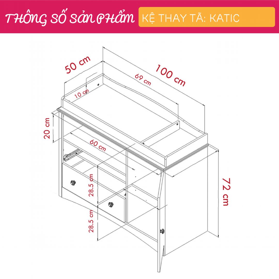 Kệ gỗ thay tã cho bé SMLIFE Katics | Gỗ MDF dày 17mm chống ẩm | D100xR50xC72cm