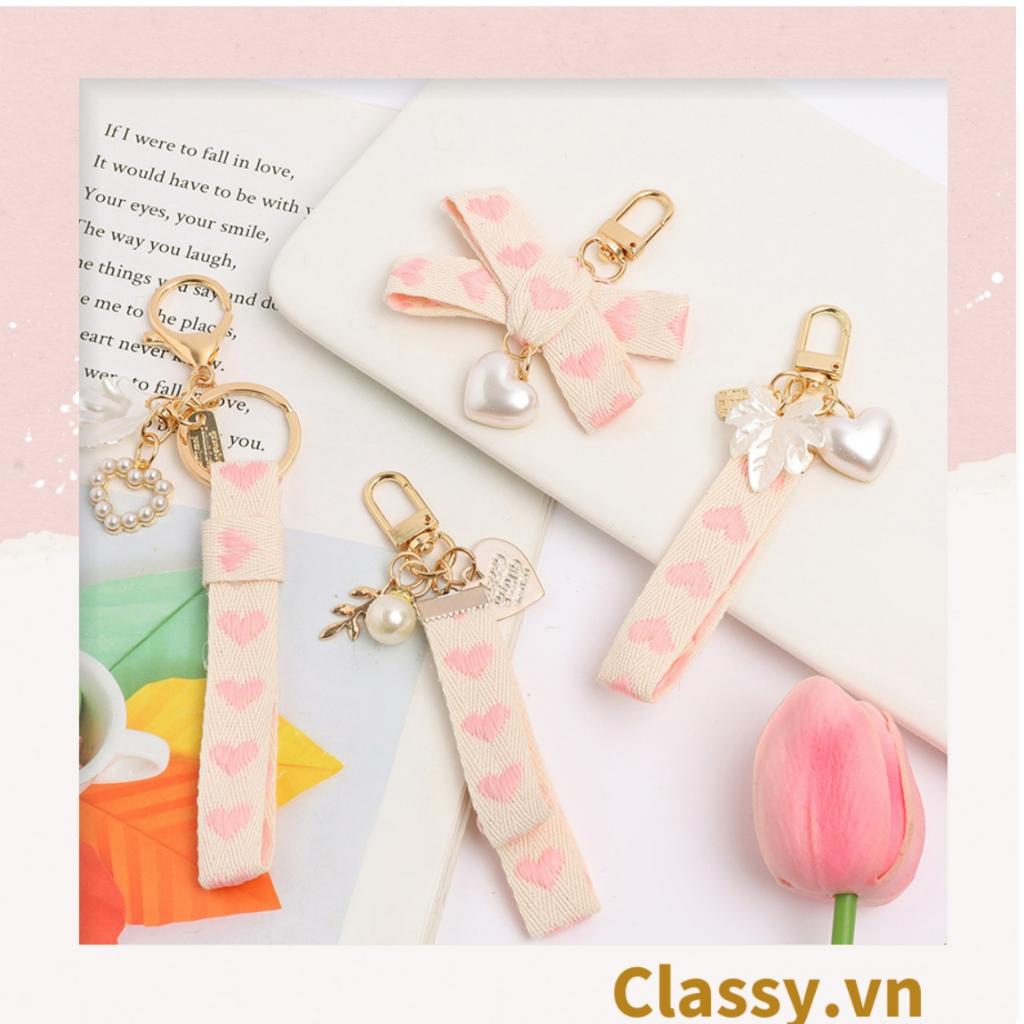 Móc khóa móc điện thoại Classy vải họa tiết trái tim hồng nhiều kích cỡ PK1268