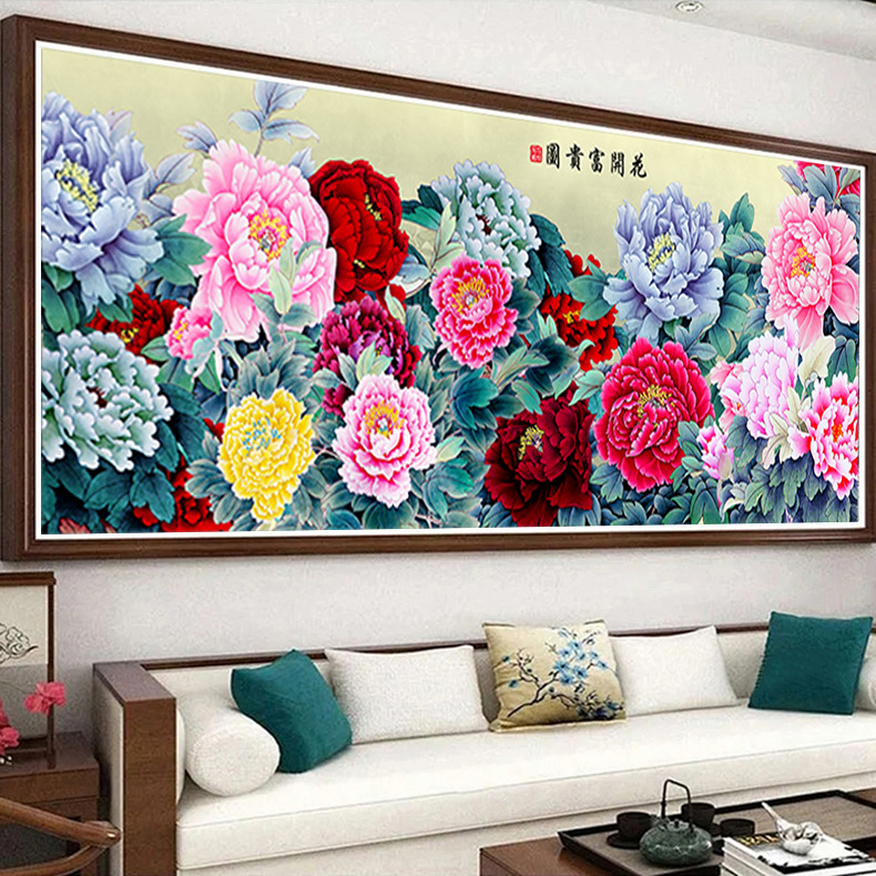 Tranh thêu kín Hoa mẫu đơn, kích thước 150 x 62 cm