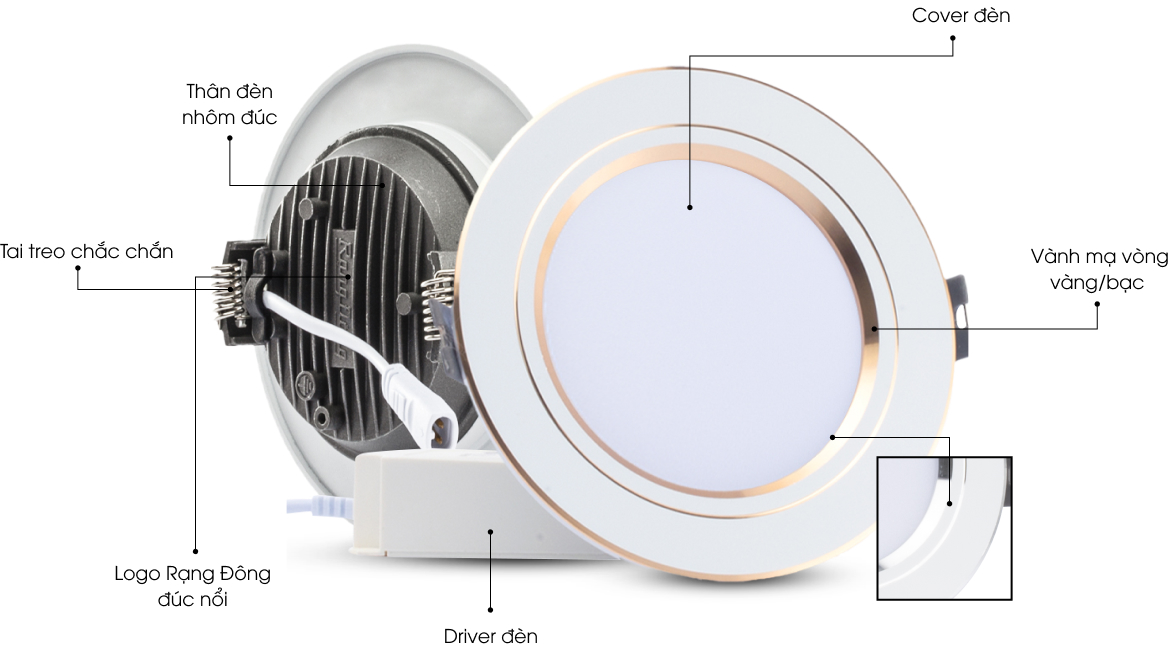 Đèn LED âm trần Downlight Rạng Đông Model: AT10 90/10W  lỗ khoét 90mm, công suất 8W, 10W chất lượng ánh sáng cao tăng khả năng nhận diện màu sắc - Hàng chính hãng