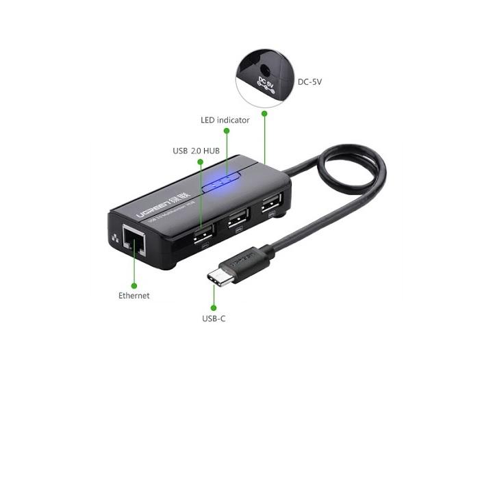 Ugreen UG3028930289TK Màu Đen Cáp chuyển đổi TYPE C sang 3 USB 3.0 + LAN - HÀNG CHÍNH HÃNG