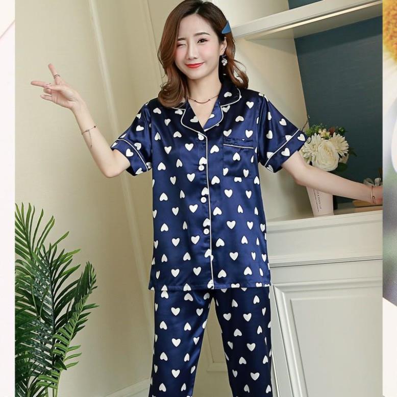 Đồ bộ dài nữ ️ ̀  ̂́ ️ Bộ Pijama lụa đẹp quyến rũ, áo ngắn tay, quần dài, dáng ngọt ngào B56A