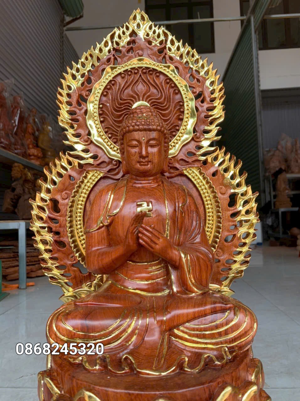 Bộ tượng thất phật được sư bằng gỗ hương đá kt cao 40×20cm +lá chắn hào quang cao tổng 54cm