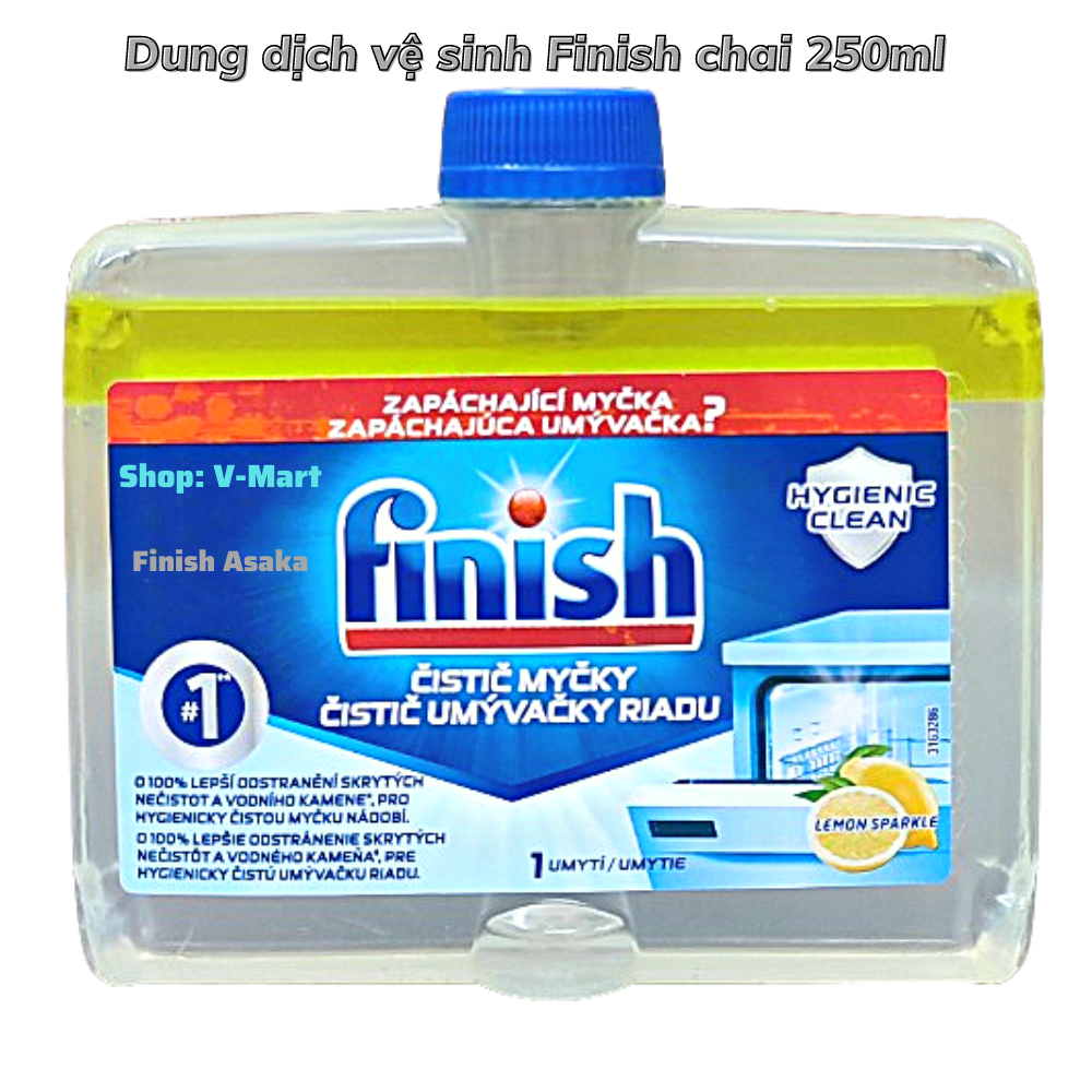 Combo rửa bát Finish: Dung dịch vệ sinh máy rửa bát chai 250ml, Bóng 400ml, Muối hộp 1,5kg - Nhập khẩu Châu Âu.