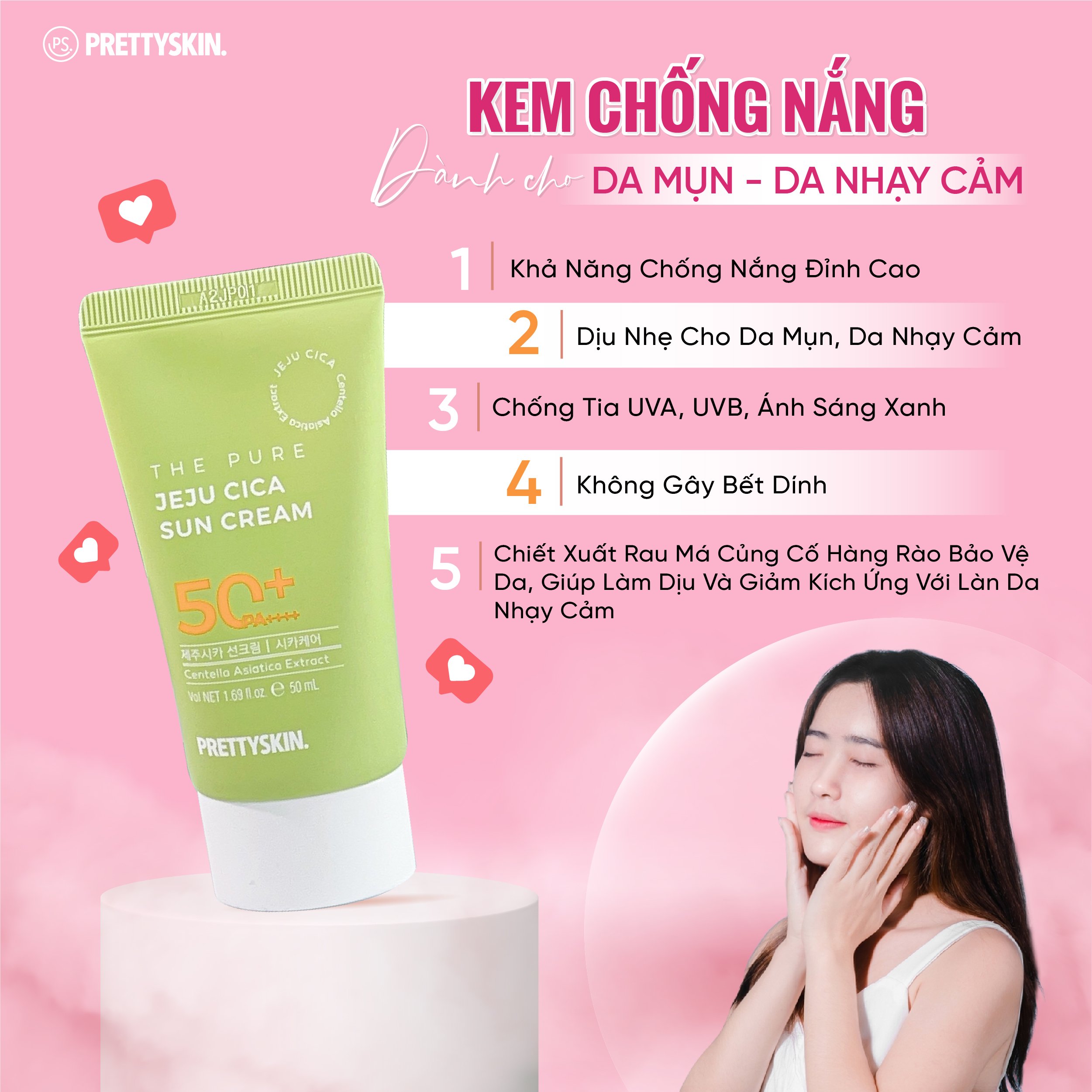 Kem Chống Nắng Rau Má Không Lo Bết Dính Jeju Cica Pretty Skin SPF50+ PA++++ 50ml Cho Da Dầu, Nhạy Cảm tặng móc khóa