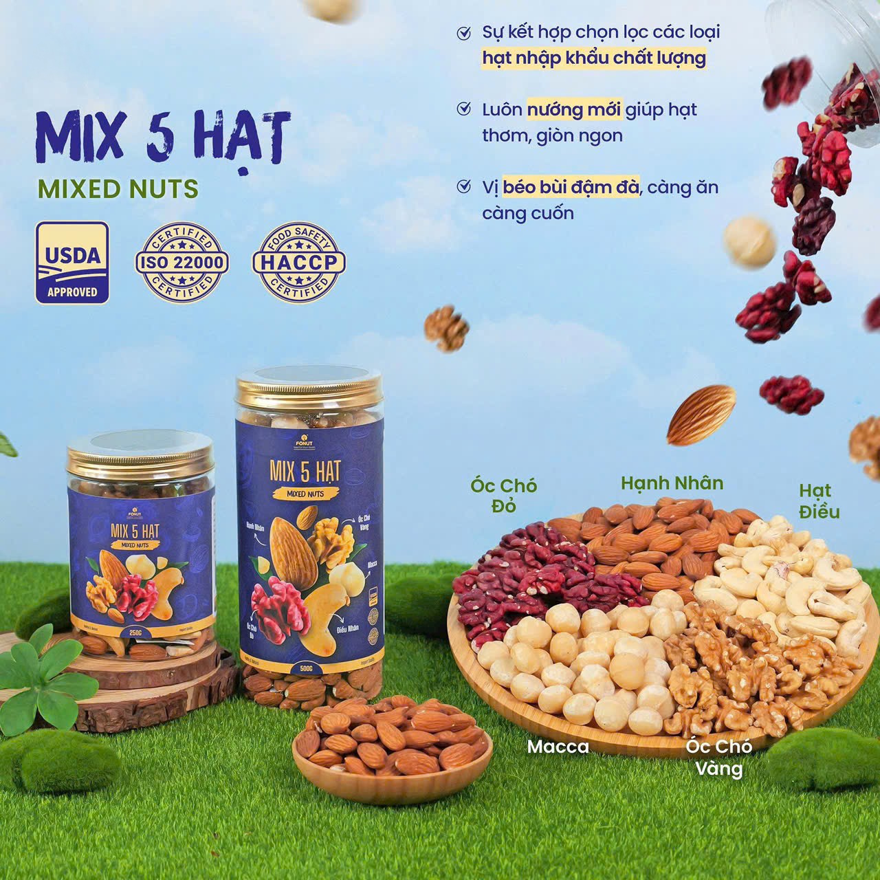 Hạt mix 5 loại hạt dinh dưỡng  Hạt macca, quả óc chó vàng, quả óc chó đỏ, hạnh nhân, hạt điều