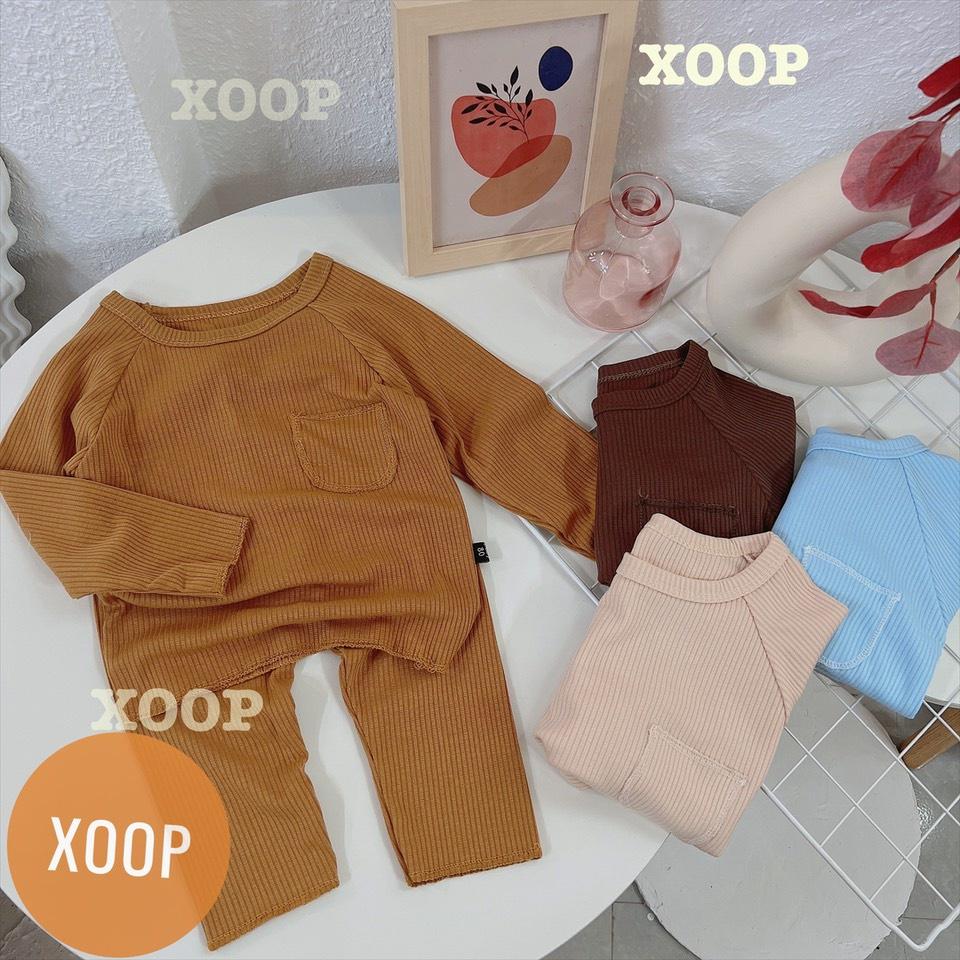 Bộ dài tay xoop - Bộ dài tay gân tăm chạy chỉ nổi túi cho bé  BD11