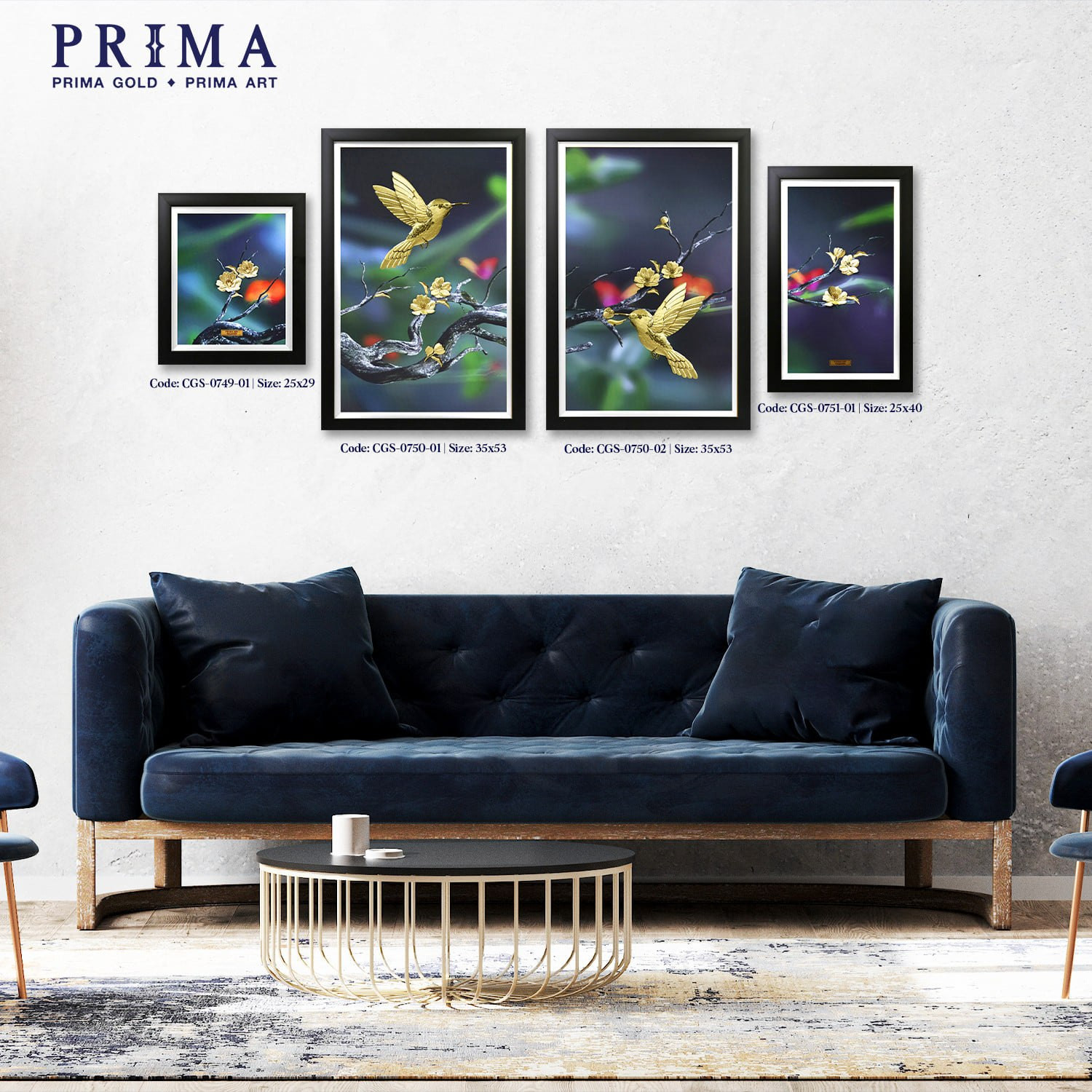 Tranh Vàng 24K PRIMA ART - Bộ Đôi Chim Và Cành Hoa Mai - Bộ 4 bức - Kích thước 35 x 53 cm - CGS-0750-02