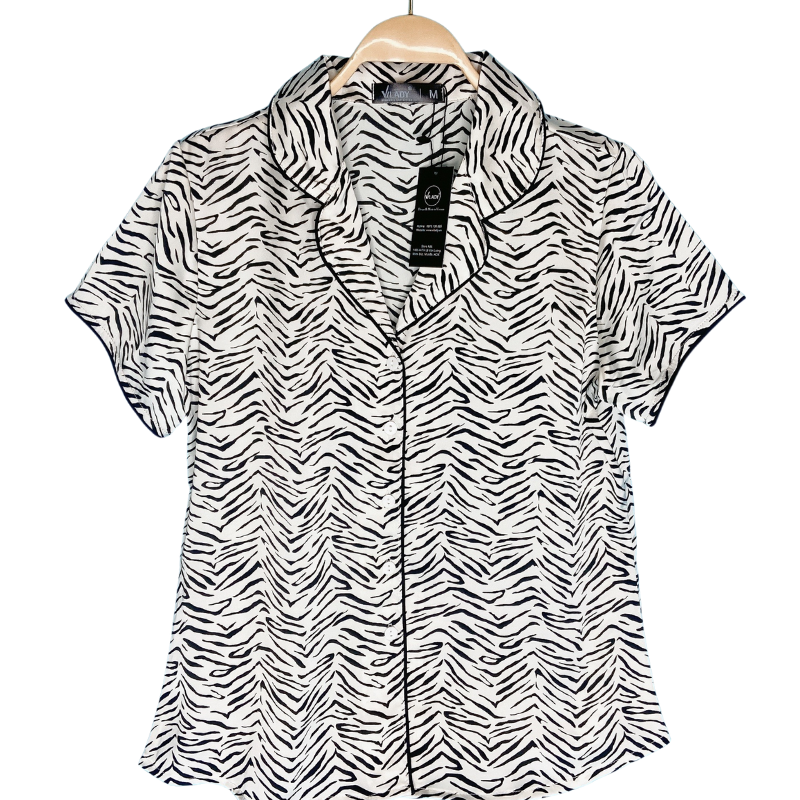 Đồ bộ mặc nhà nữ Pijama lụa VILADY - B136 kiểu đồ bộ ngắn họa tiết vằn đen siêu dễ thương, chất liệu lụa Pháp