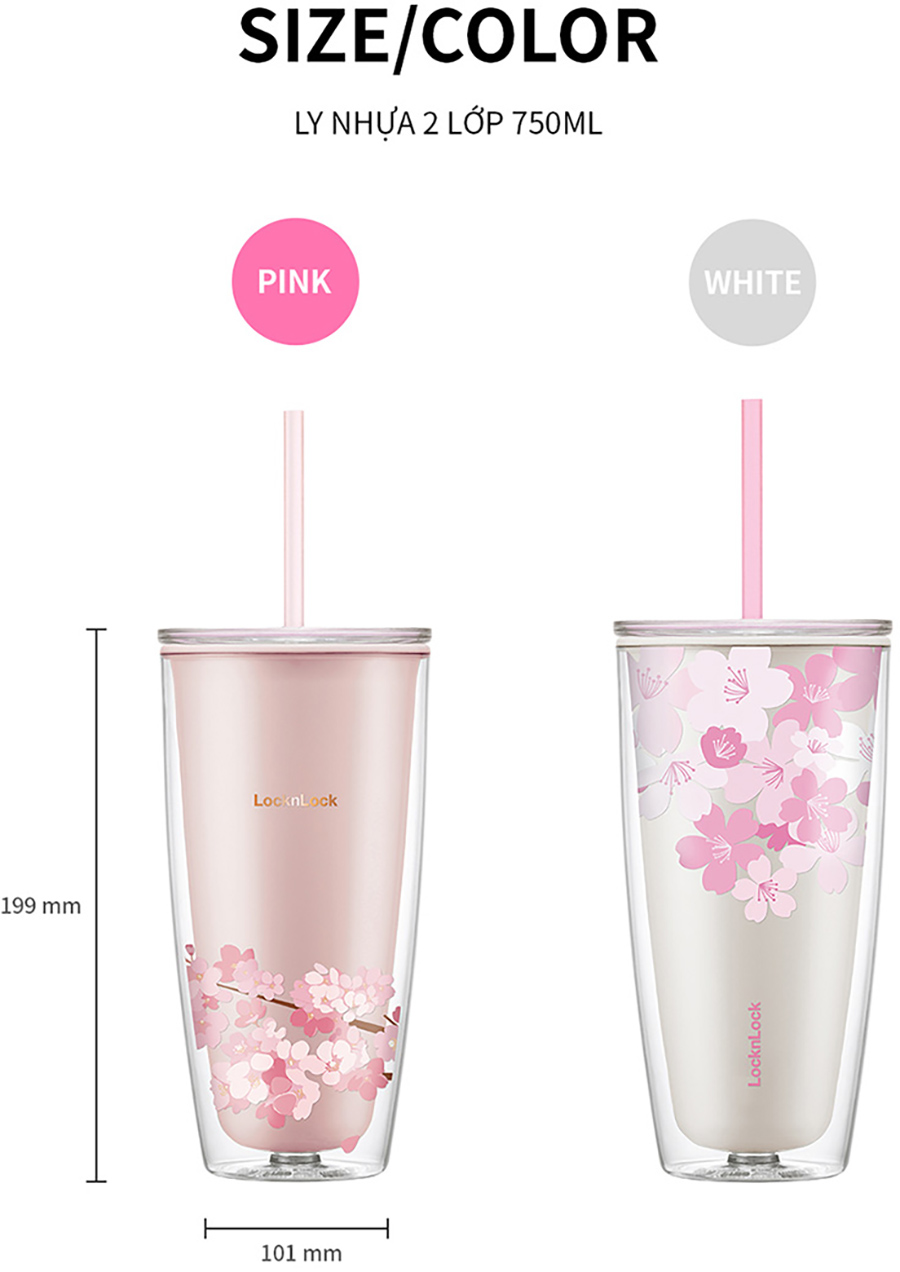 Ly Nhựa 2 Lớp LocknLock Double Wall Cold Cup Cherry Blossom 750ml HAP509WHT - Màu