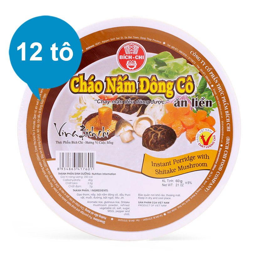 Thùng 12 Tô Cháo Nấm Đông Cô Bích Chi 60g