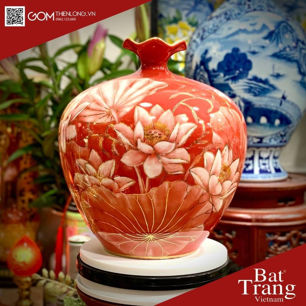 Bình Hút Lộc Sen Cá 3D Nền Đỏ Vẽ Vàng - Hàng Kỹ Độc Bản - Bình Hút Tài Lộc Bát Tràng - Gốm Thiên Long