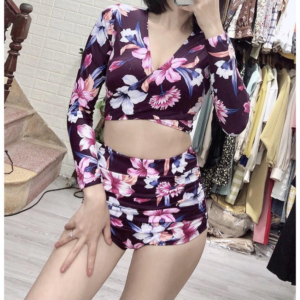 freeship Đồ bơi Bikini hai mảnh dài tay ️Freeship️ họa tiết hoa lá tím mận hoa hồngmặc đi biển đi bơi mới nhất