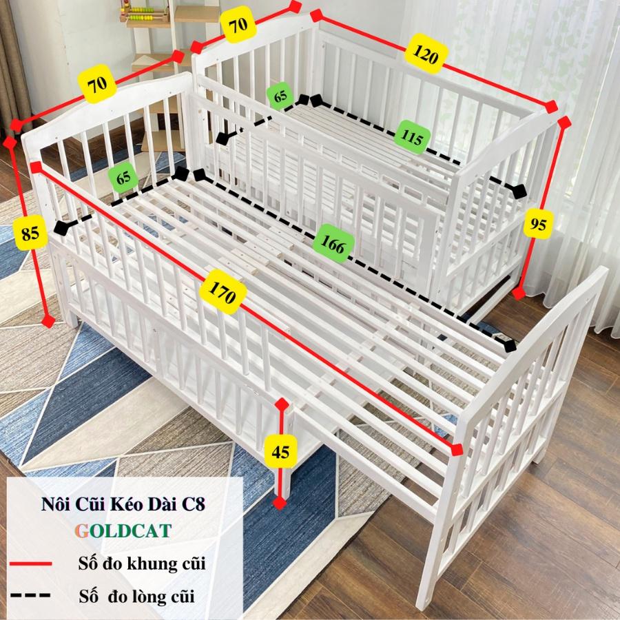 Nôi Cũi Gỗ Quế Nan Tròn Đa Năng Cho Bé GOLDCAT C8V Có Thể Kéo Dài Thành Giường Lớn Cho Trẻ từ 0-10 tuổi