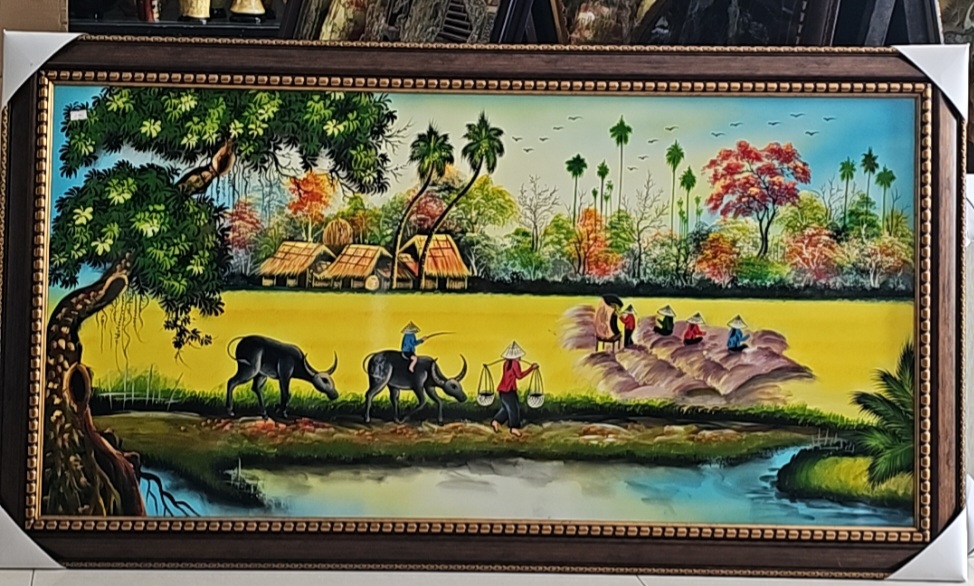 Tranh sơn mài đồng quê, chợ quê, phố cổ vẽ màu kết hợp cẩn ốc, vỏ trứng đẹp, hàng xuất khẩu 50x80 cm