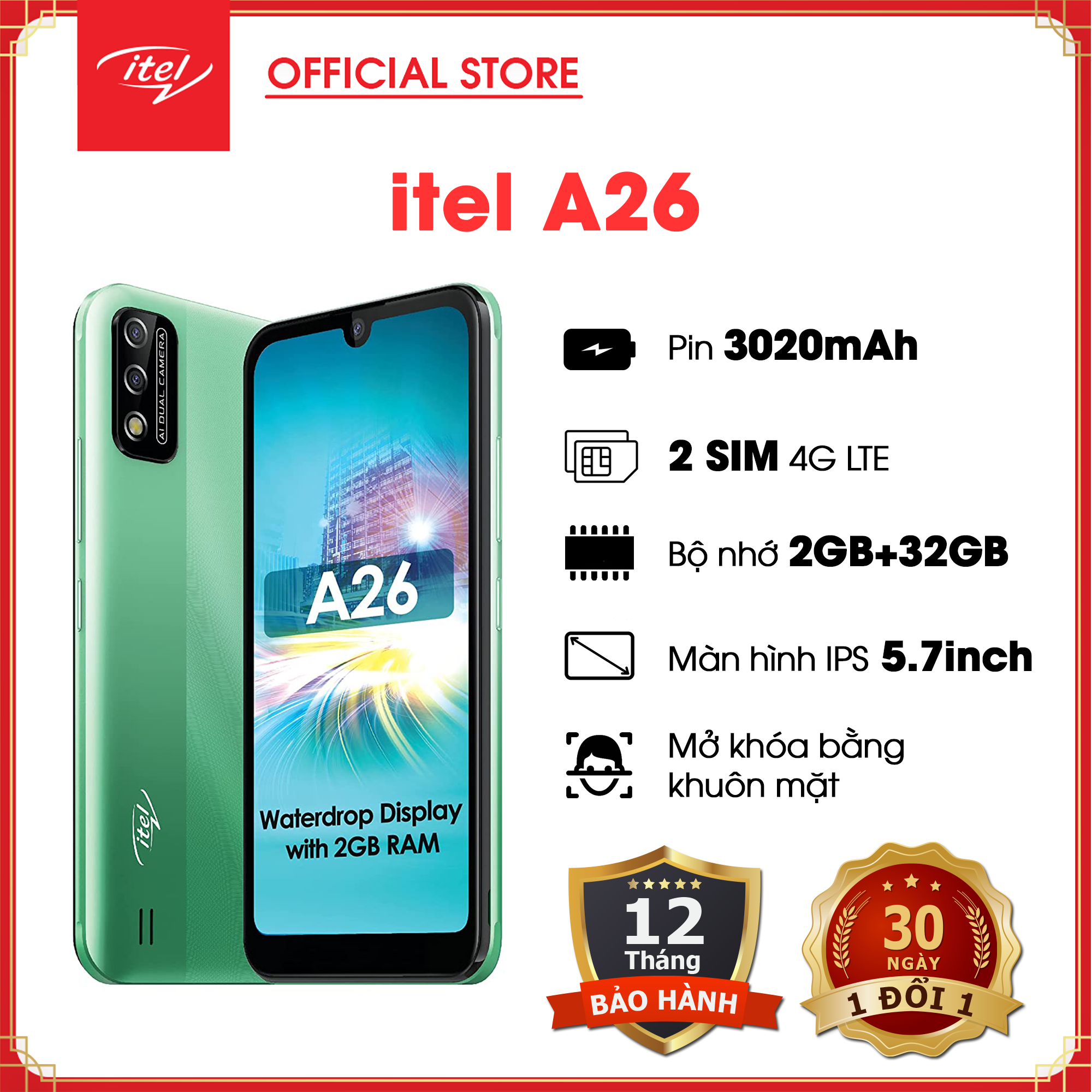 Điện thoại thông minh itel A26 - giá rẻ | 2 Sim 2 Sóng 4G LTE | Màn hình IPS 5.7&quot; HD+ | RAM 2GB + ROM 32 GB (Hỗ trợ thẻ nhớ 32 GB) | Mở khoá bằng Gương Mặt | Chính Hãng bảo hành 12 tháng| 1 đổi 1 trong 30 ngày