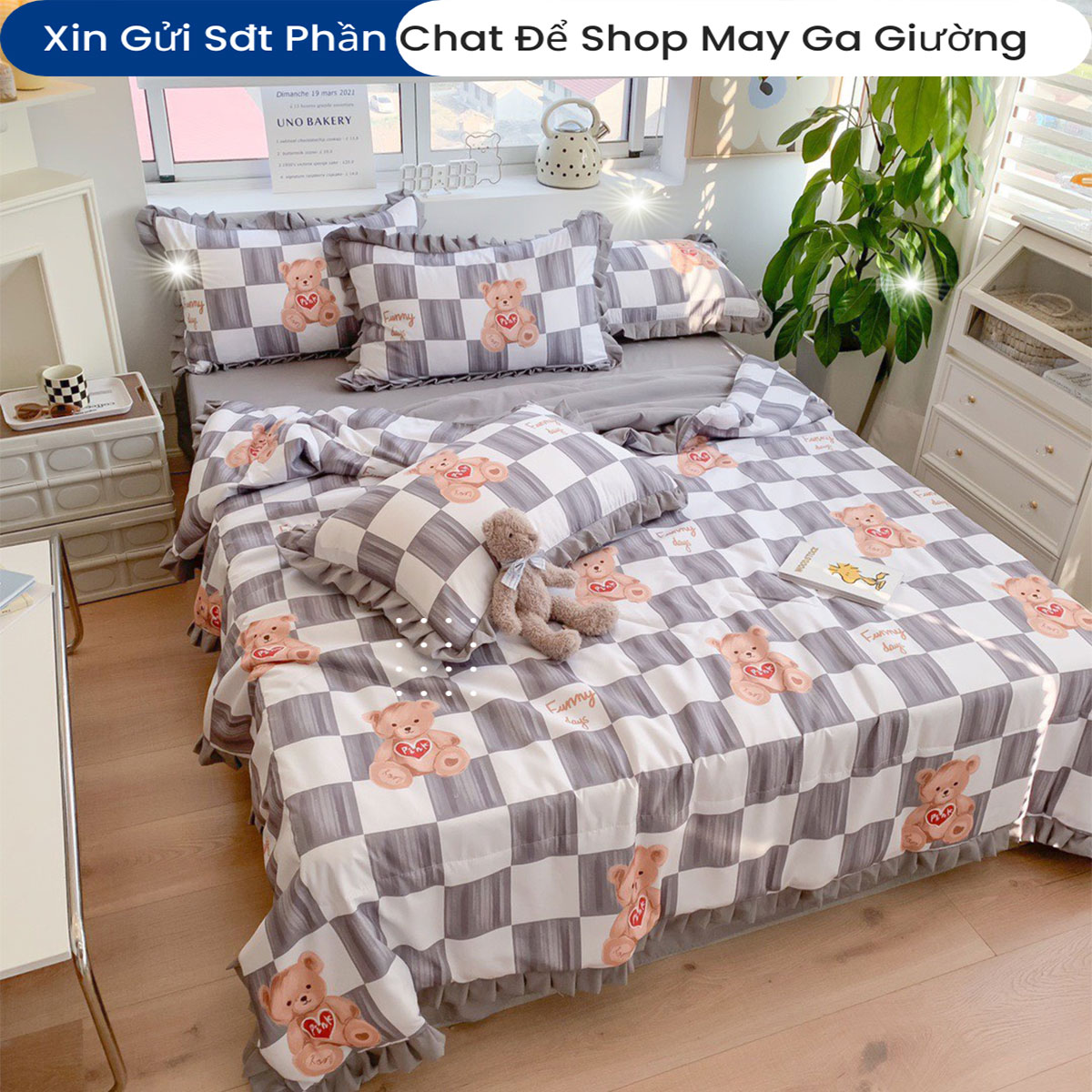 Bộ Chăn Ga Gối Đệm Hè Cotton Tici ANNA NGUYÊN Drap Giường Cotton Cao Cấp Mẫu Kẻ Ô Bo Chun Drap