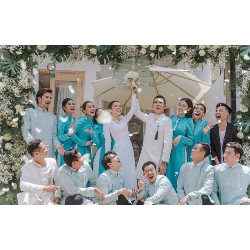 Áo dài trắng tay phồng kết chuỗi Jolie phương trinh-quý bình