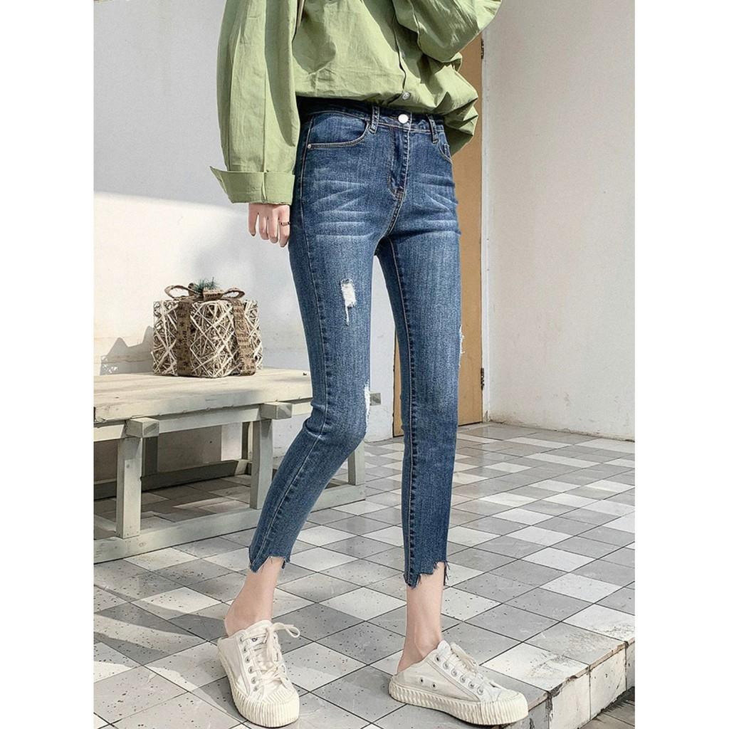Quần jean 9 tấc BIG SIZE lưng cao trên rốn, co dãn mạnh, màu xanh đậm 3022 lai rách kiểu