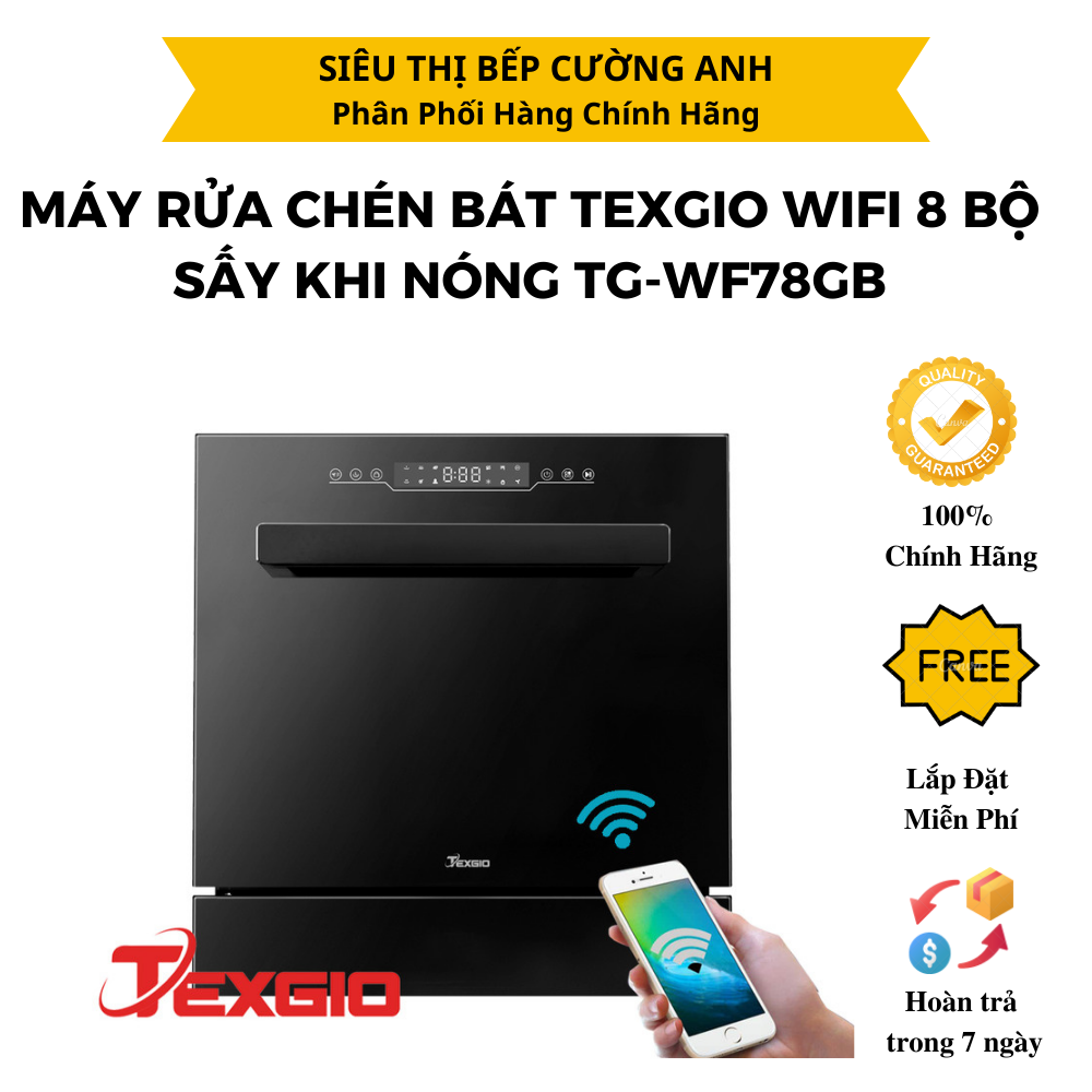 Máy rửa chén bất Texgio Wifi 8 bộ sấy khí nóng TG-WFD78GB - Hàng chính hãng