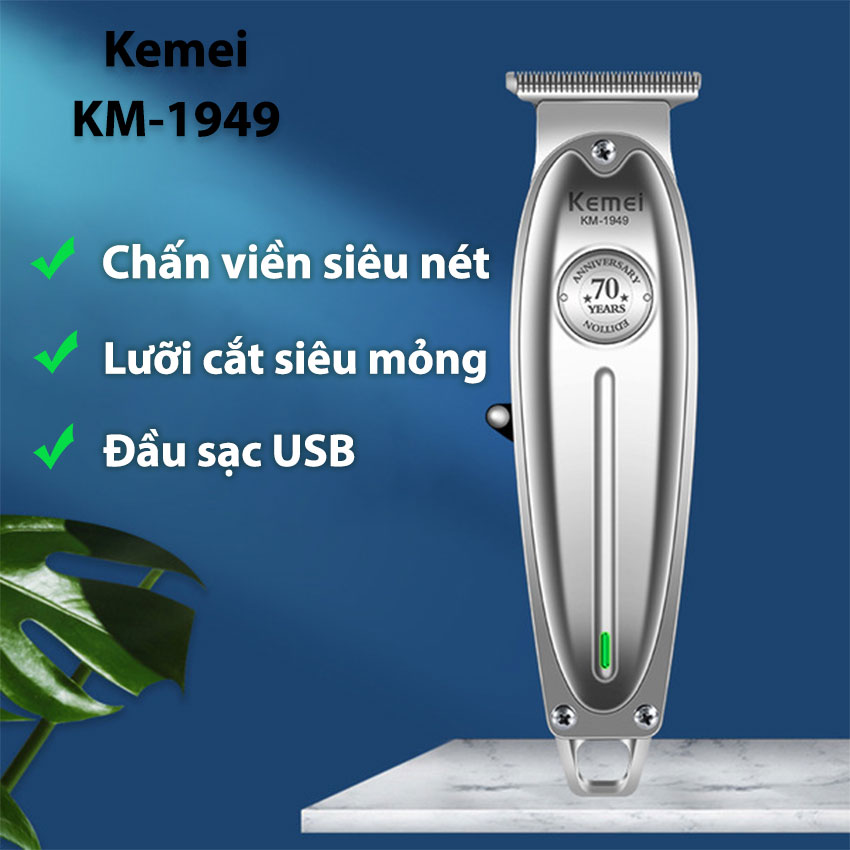 Tông đơ chấn viền Kemei-1949 cao cấp sử dụng đầu sạc USB tiện lợi, toàn thân là hợp kim nhôm không gỉ chuyên dụng bấm viền, khắc tóc, cạo trọc