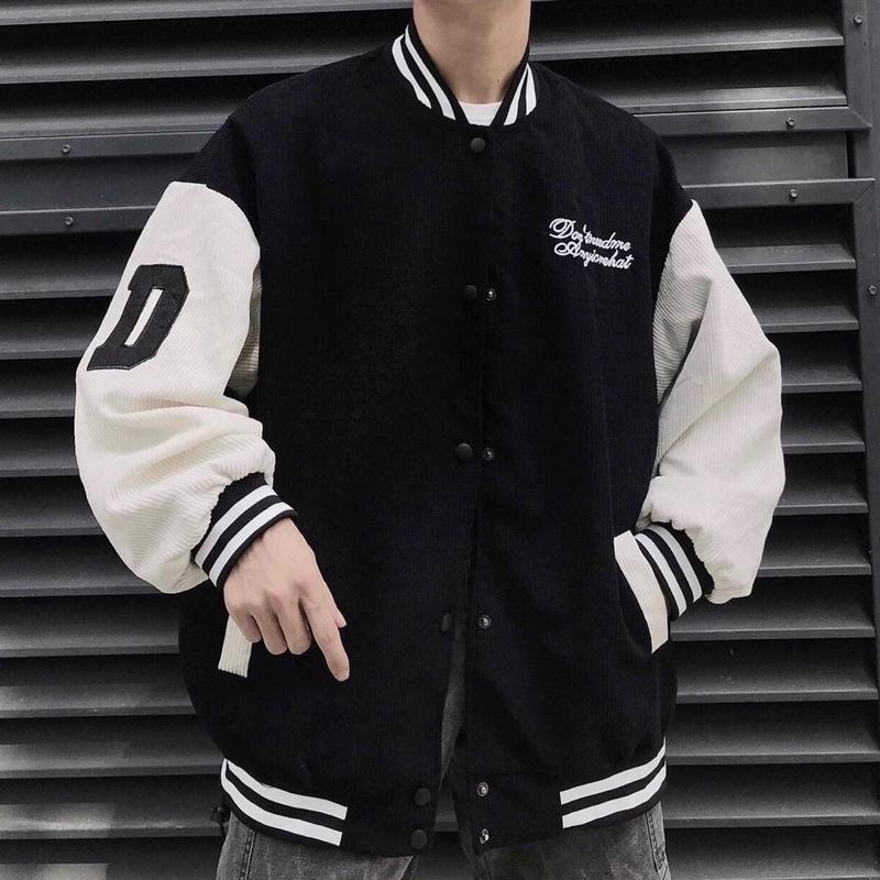 Áo jacket varsity nam nữ,thêu chữ D thiết kế tay nhung tăm