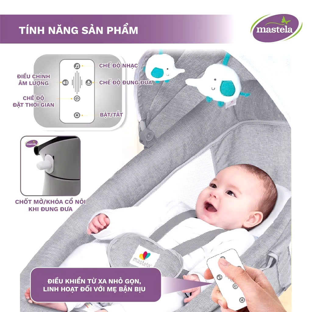 Nôi điện cho bé điều khiển từ xa 5 chế độ đung đưa tự động, kết nối Bluetooth phát nhạc trắng ru ngủ Mastela, hàng nhập khẩu