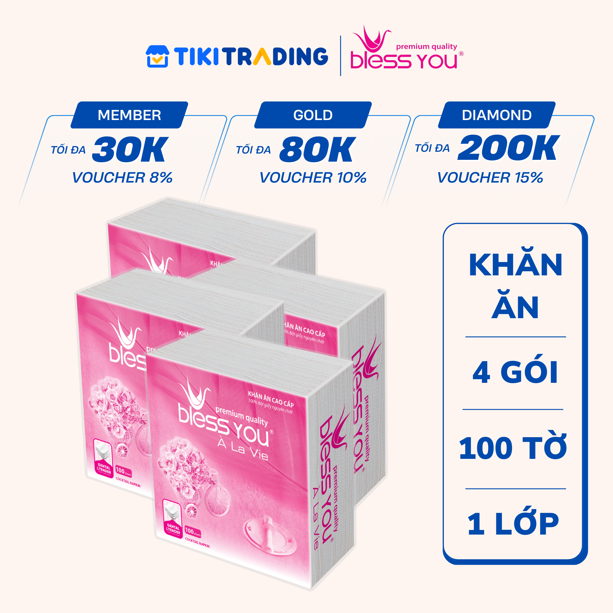 Lốc 4 Gói Khăn Ăn Napkin Bless You Alavie 33x33