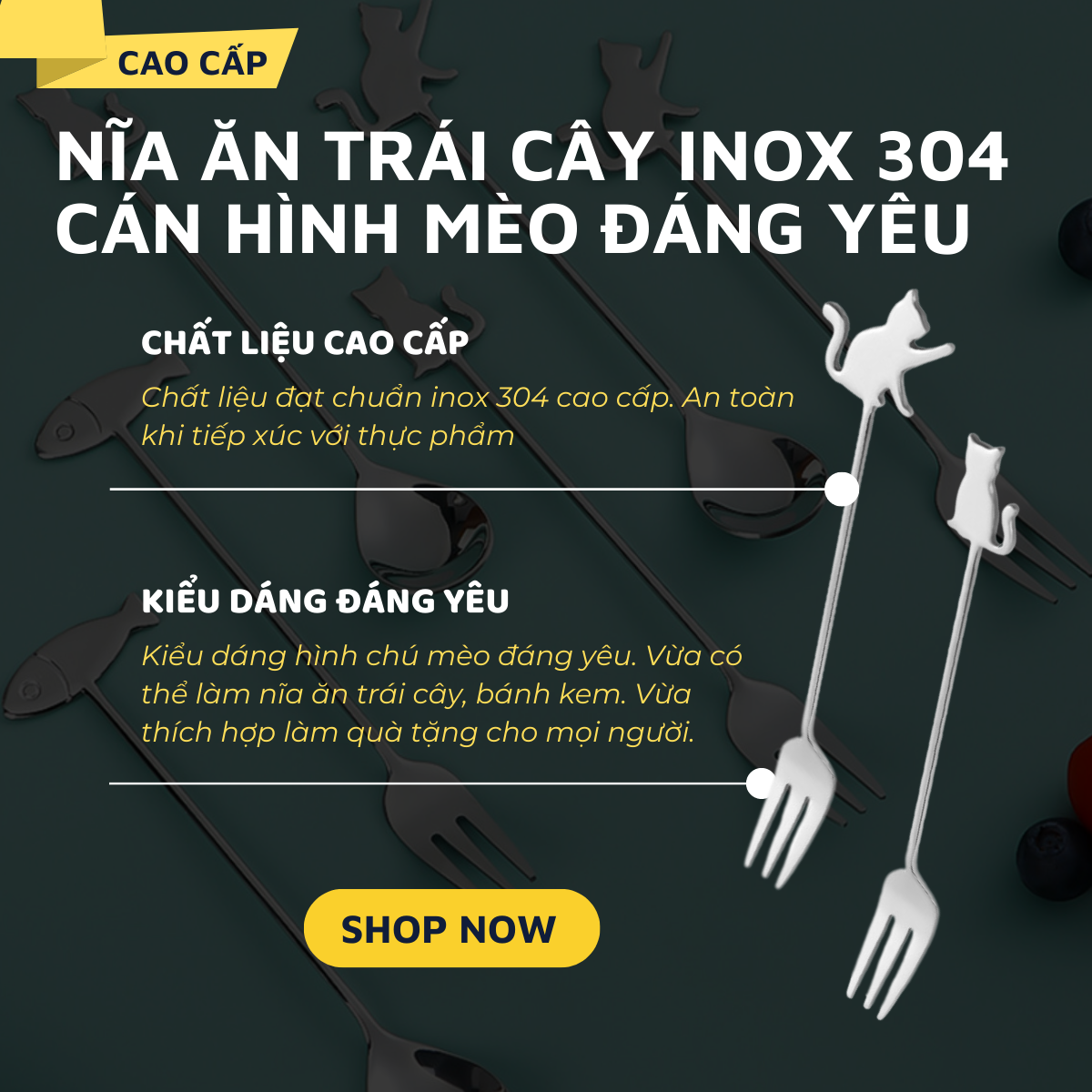 Pack 6 nĩa/dĩa ăn trái cây, hoa quả, bánh kem inox 304 DandiHome hoạt hình dễ thương hình chú mèo