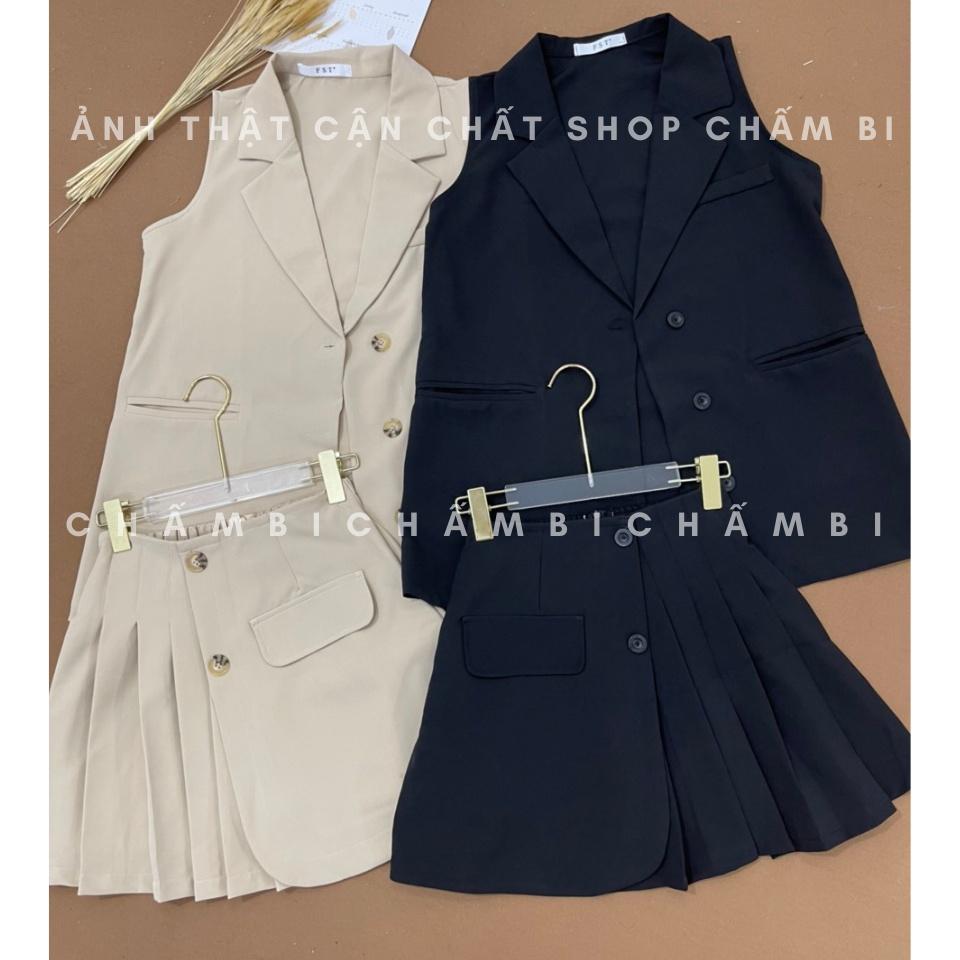 Set bộ đi chơi S.064, Set áo gile cổ vest form rộng cùng chân váy xếp ly cách điệu phong cách Hàn Quốc