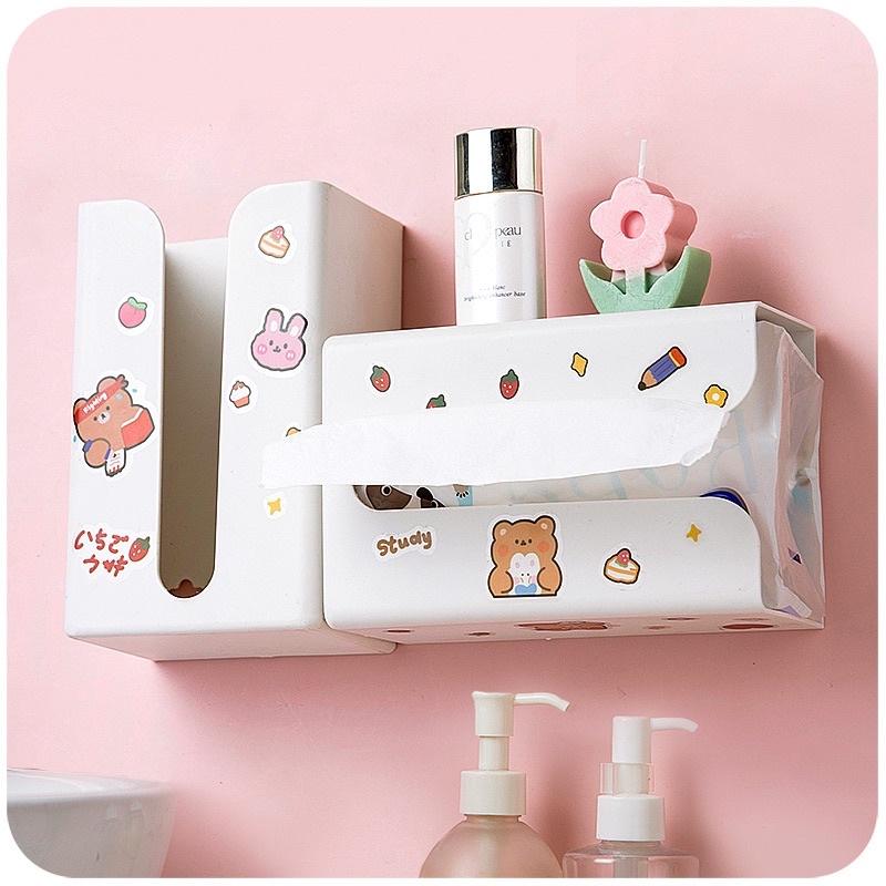 Hộp đựng khăn giấy treo tường hình chữ nhật kèm sticker dễ thương decor bàn học, bàn làm việc, nhà bếp đa năng tiện lợi