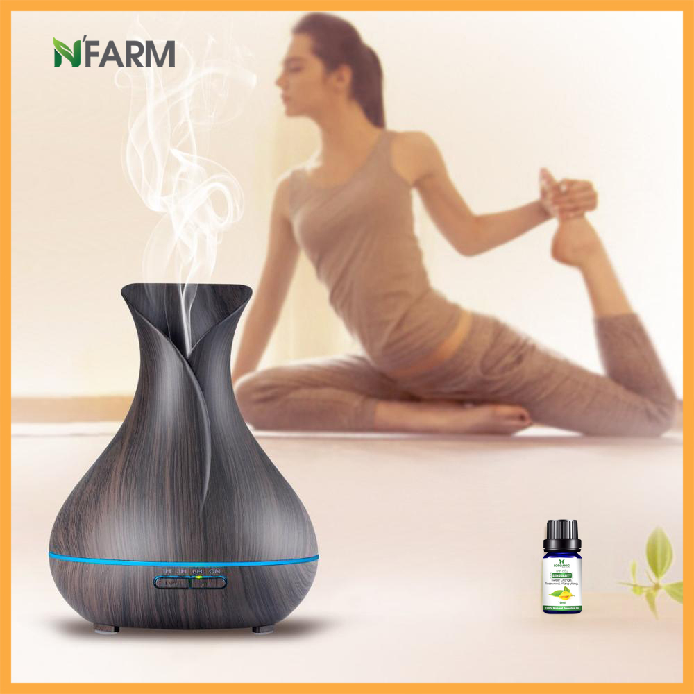 Combo máy khuếch tán, máy xông tinh dầu NFarm hình bình hoa + tinh dầu cam hương N'Farm / Phun sương sóng siêu âm/ Có remote điều khiển.
