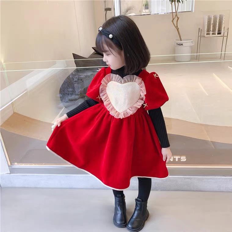 Váy bé gái tay bồng kèm áo len tăm