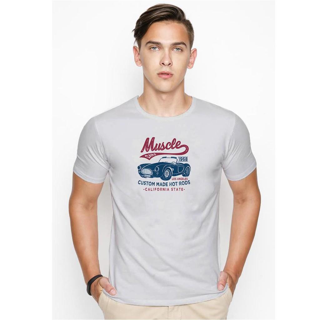 Áo thun nam đẹp hình xe ôtô Muscle cá tính màu xám nhạt vải dày mịn TEEGR544