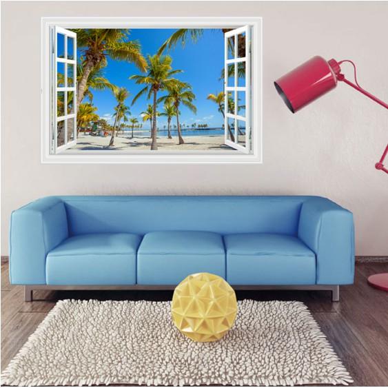 Decal trang trí khung cửa sổ 3D nhiều cây Dừa ở ngoài biển