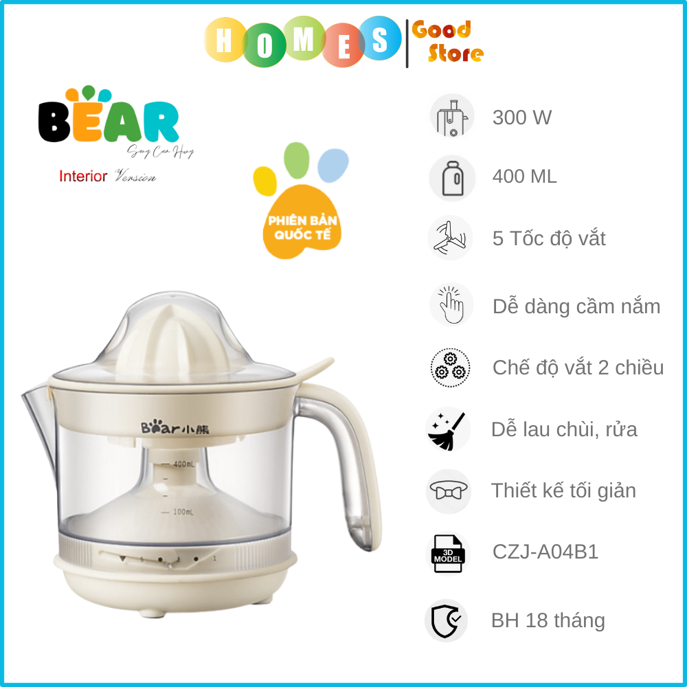 Máy Vắt Cam Tự Động 2 Chiều BEAR CZJ-A04B1 Vắt Kiệt 100% Dung Tích 0.3 Lít, Công Suất 300 W - Hàng Chính Hãng